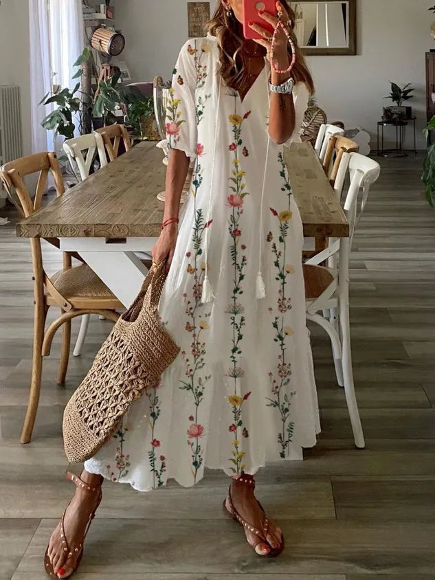 Casual Floral Half Sleeve V Neck Printed Dress