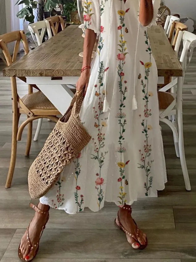 Casual Floral Half Sleeve V Neck Printed Dress
